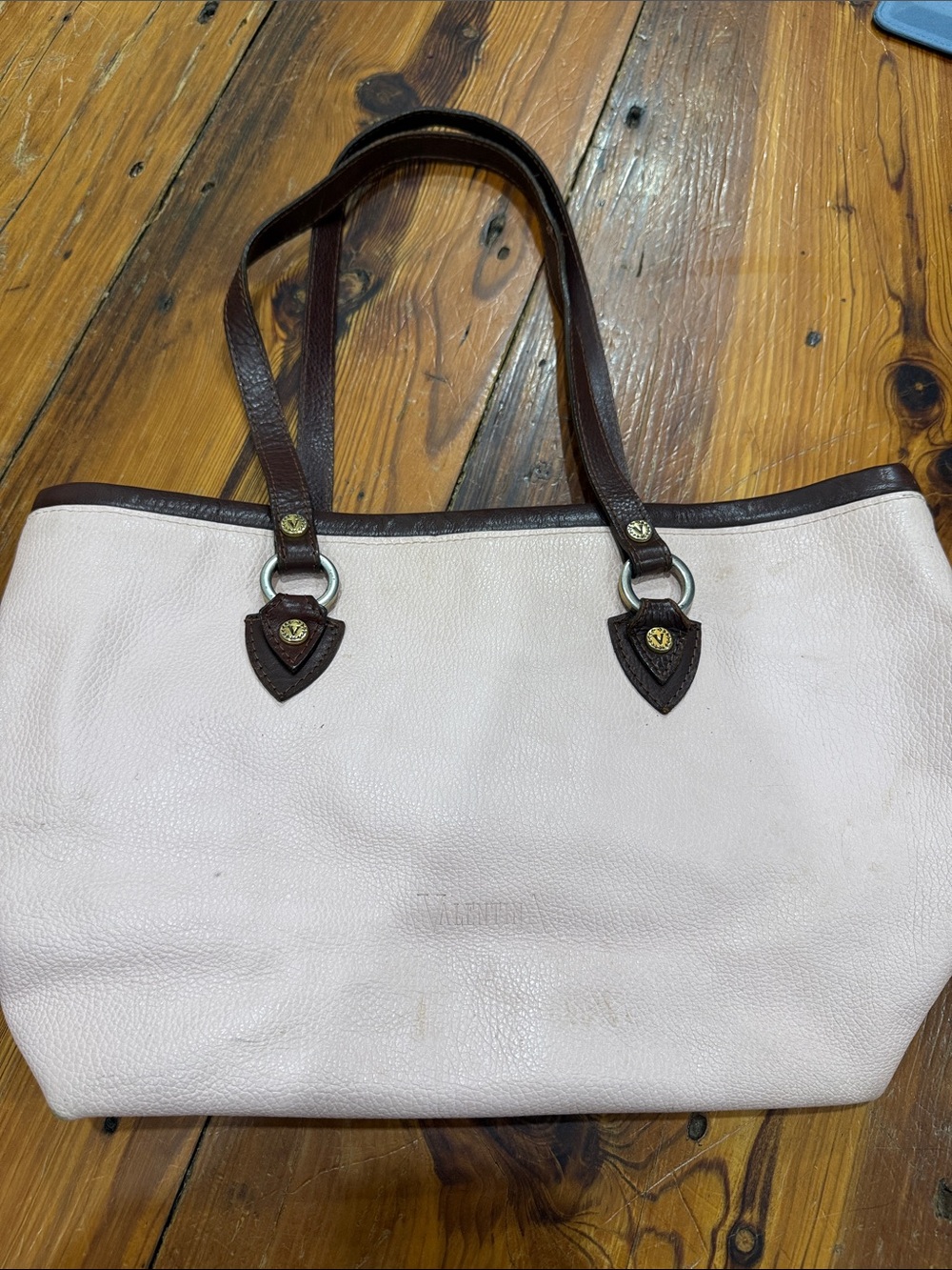Valentina Cream Leather Tote with Dark Brown Trim